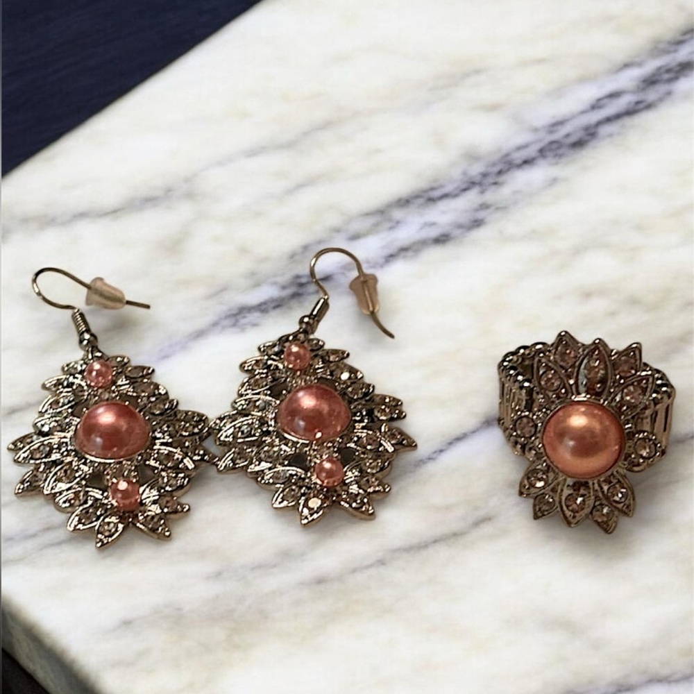Vintage Style Rose Cabochon Filigree Earrings Ring Set NEW IN BOX
